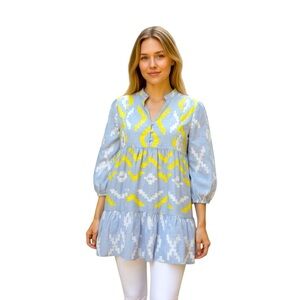 GREEK ARCHAIC KORI Women’s Gray and Yellow top rhombus print Sz M peplum ruffle